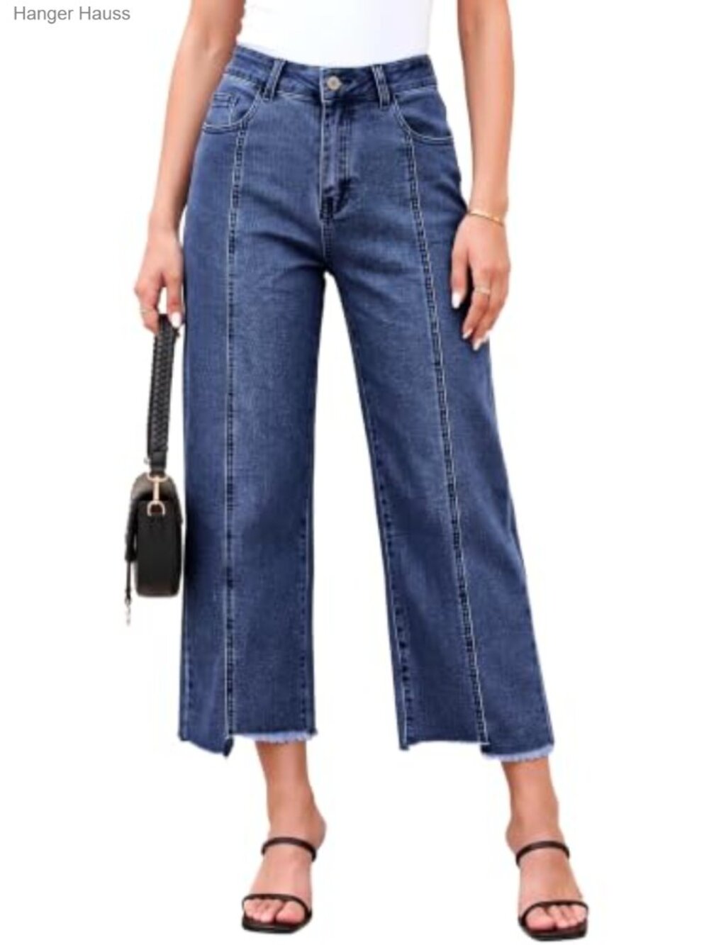 Cropped Wide Leg Jeans High Rise Raw Hem Stretch Denim Capri